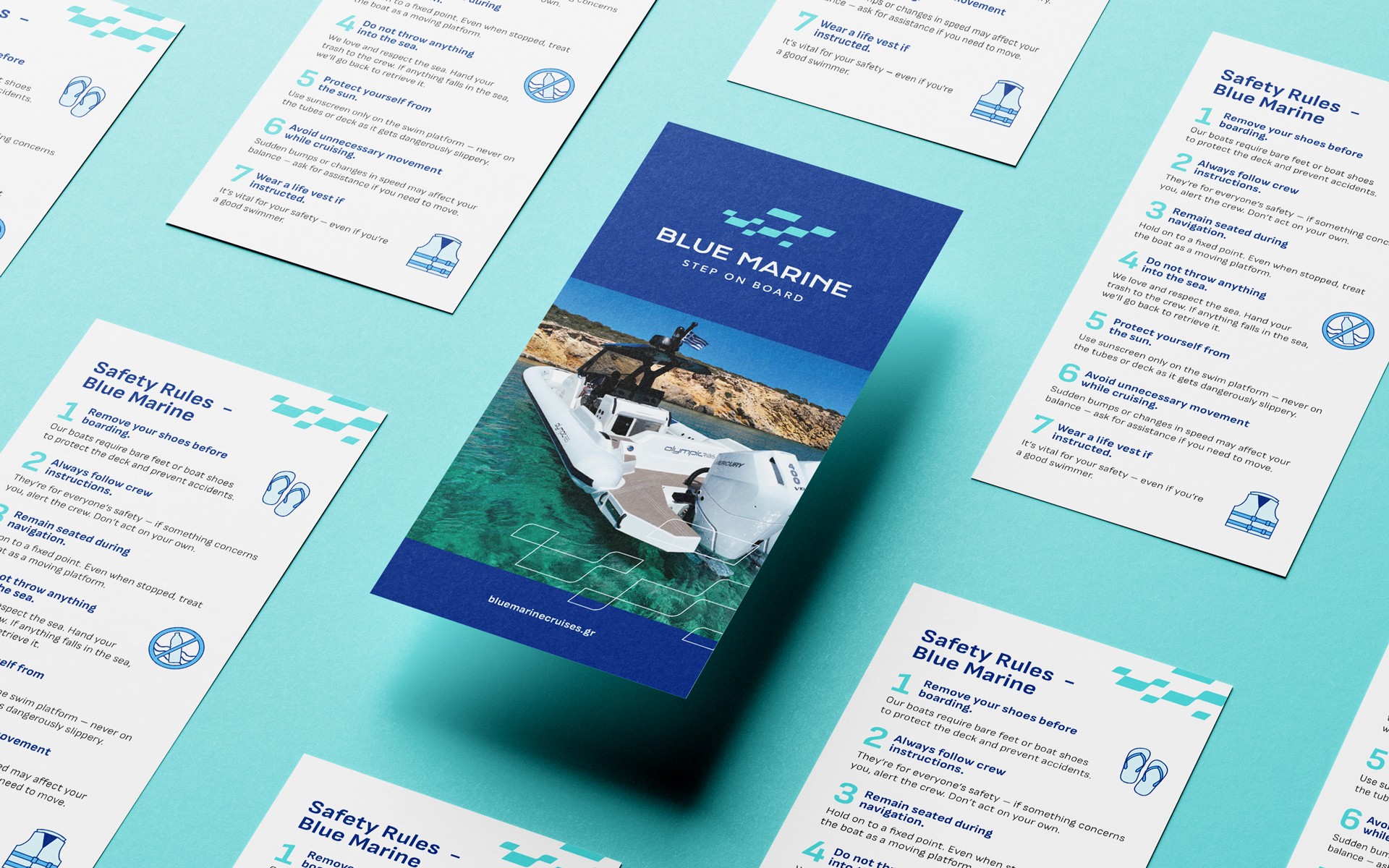 Informational print design for Blue Marine, with clear information hierarchy and functional layout