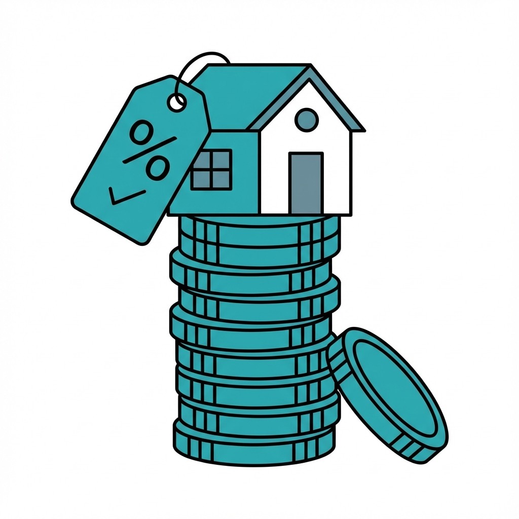 Ein Haus steht auf einem Stapel blauer Münzen mit einem Prozent-Schild, was Immobilienfinanzierung symbolisiert.