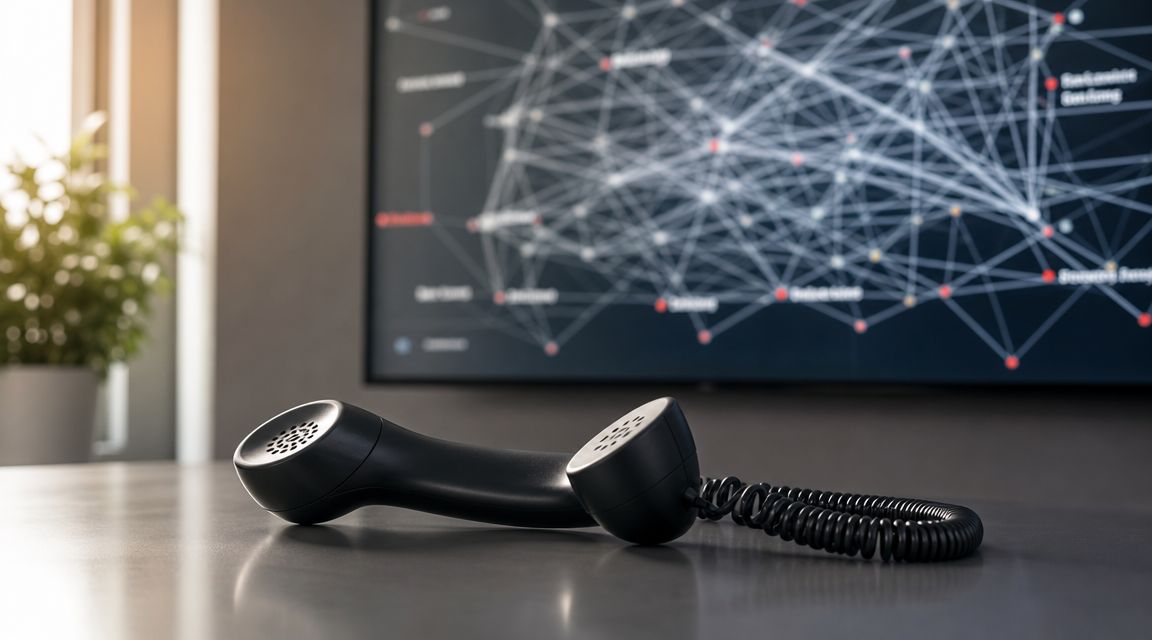 A black telephone handset resting on a desk in front of a blurry digital network visualization screen.
