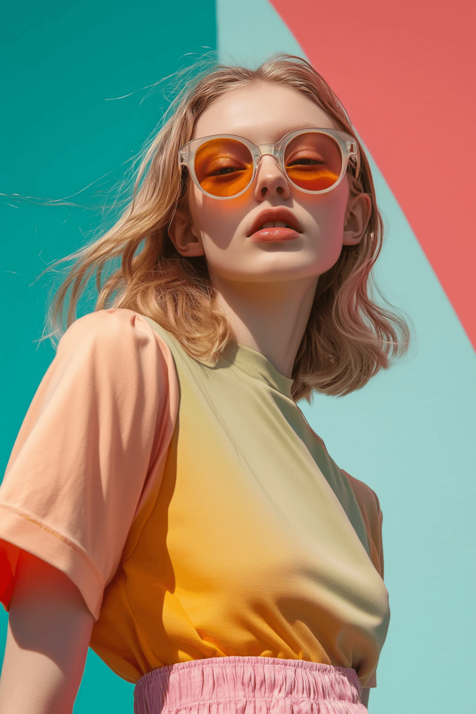 A fashionable individual wearing round orange sunglasses and a color-blocked pastel outfit poses confidently against a brightly colored, abstract background.