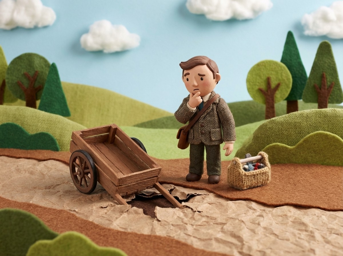 Cartoon clay style illustration of a broken supply chain with a cracked road and an empty cart, symbolizing disruption and stalled delivery.