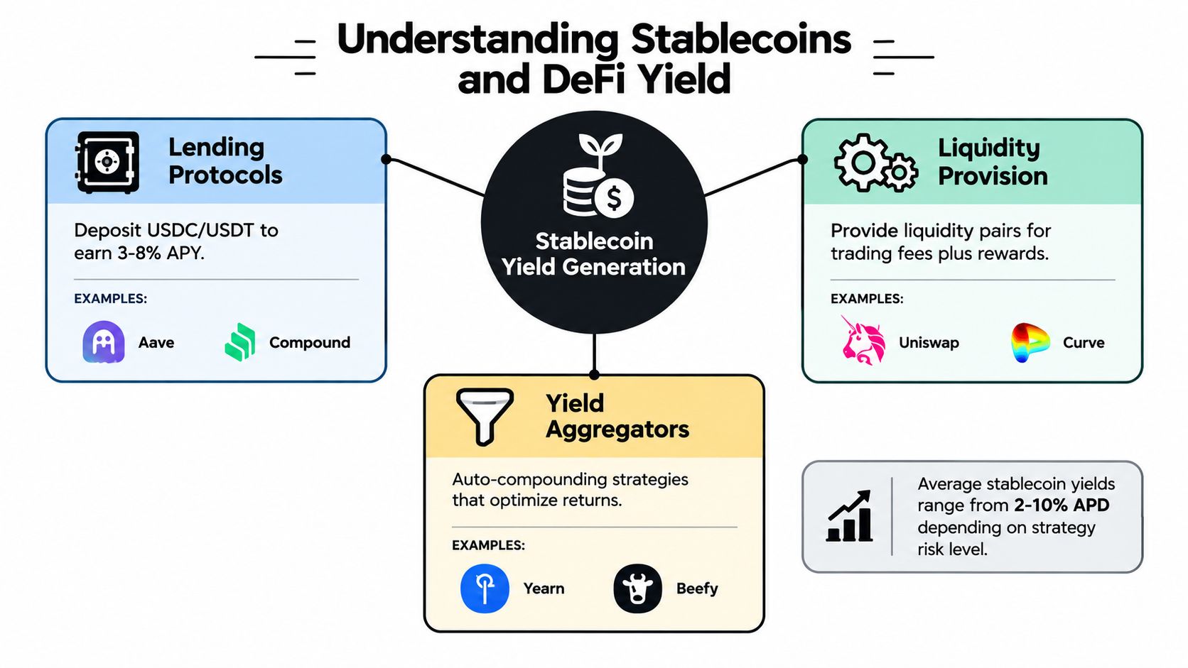 An infographic showing three main ways to generate passive income from stablecoins: lending, liquidity provision, and yield aggregators.