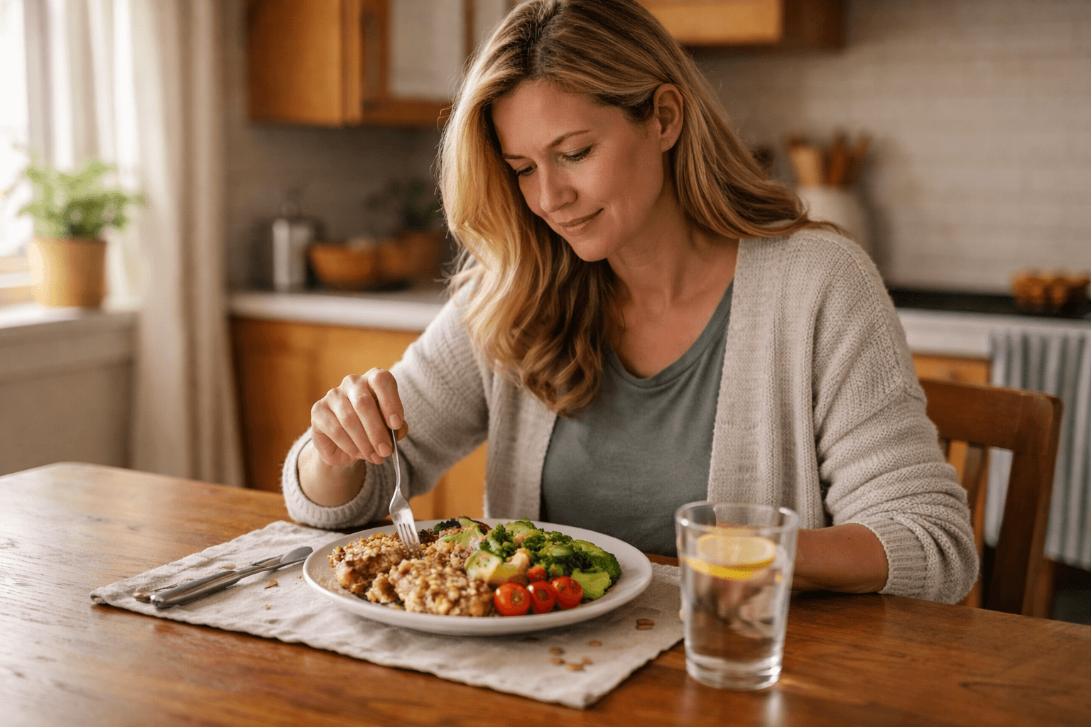 Woman eating mindfully without distractions — mindful eating approach to weight loss through present-moment awareness