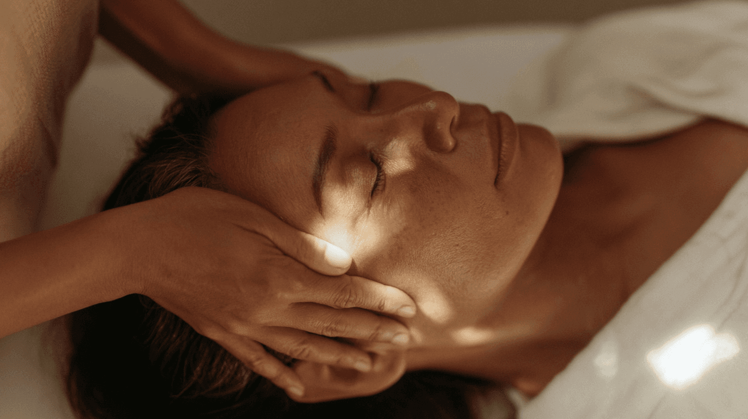 Close-up of a client with eyes closed receiving a relaxing facial massage, an esthetician's hands cradling her face under warm, soft lighting.