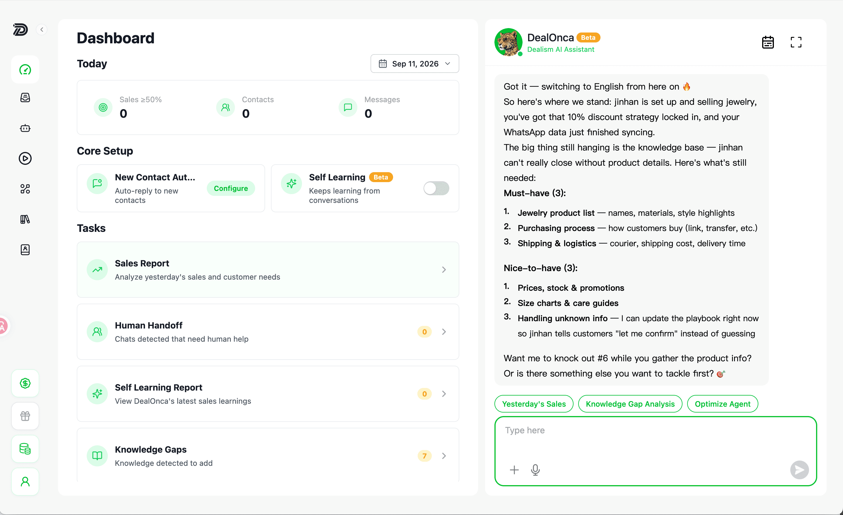 Dealism Dashboard showing the Self Learning Beta switch under Core Setup and Self Learning Report in Tasks
