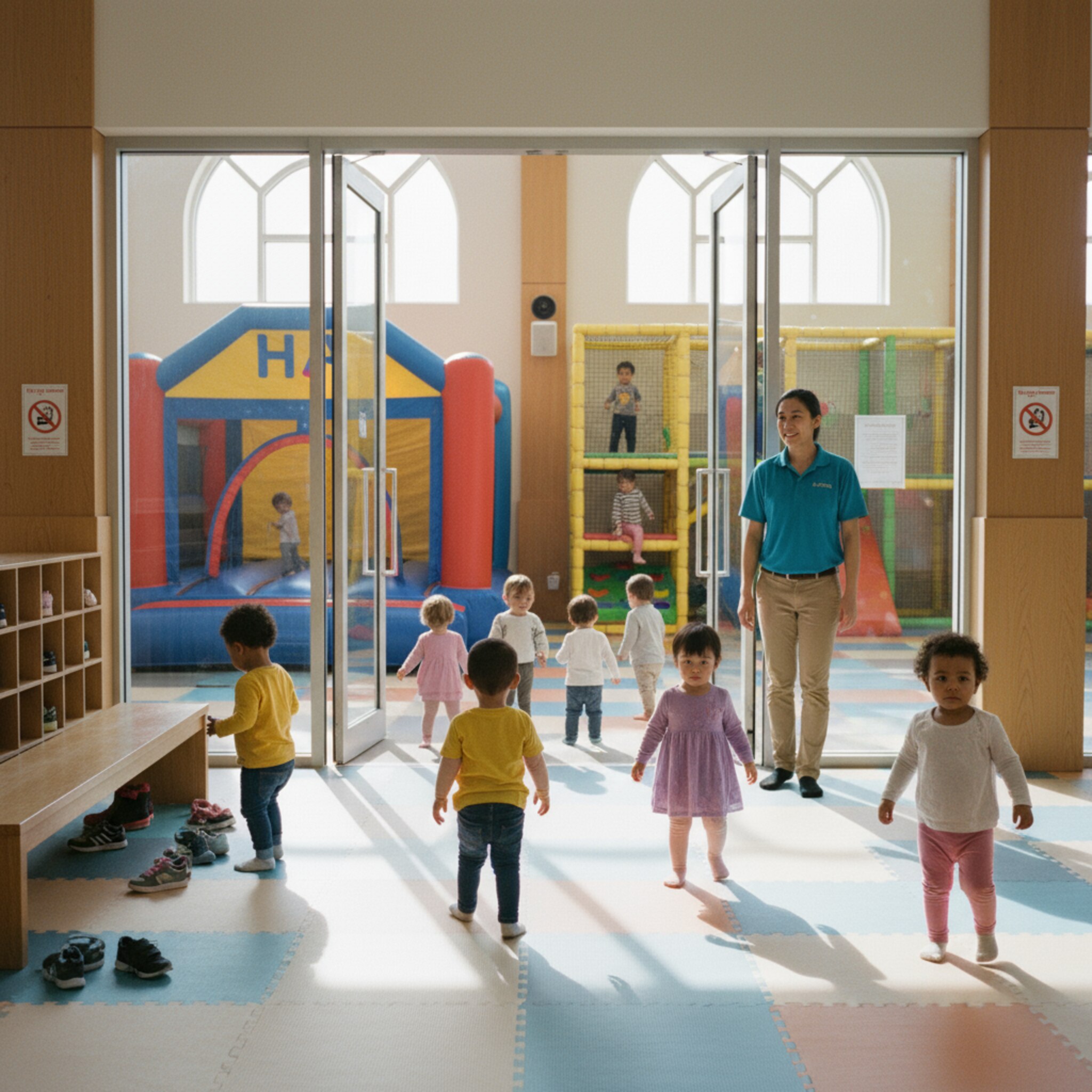 Pünktlich zum Start eines neuen Zeitfensters öffnen sich die Türen, kleine Gruppen betreten geordnet den Spielbereich. Die Hüpfburg ist frei, der Kletterturm angenehm belebt. Ein Mitarbeiter wirft einen kurzen Blick in den Raum und nickt zufrieden, alles wirkt ausgewogen und ruhig.