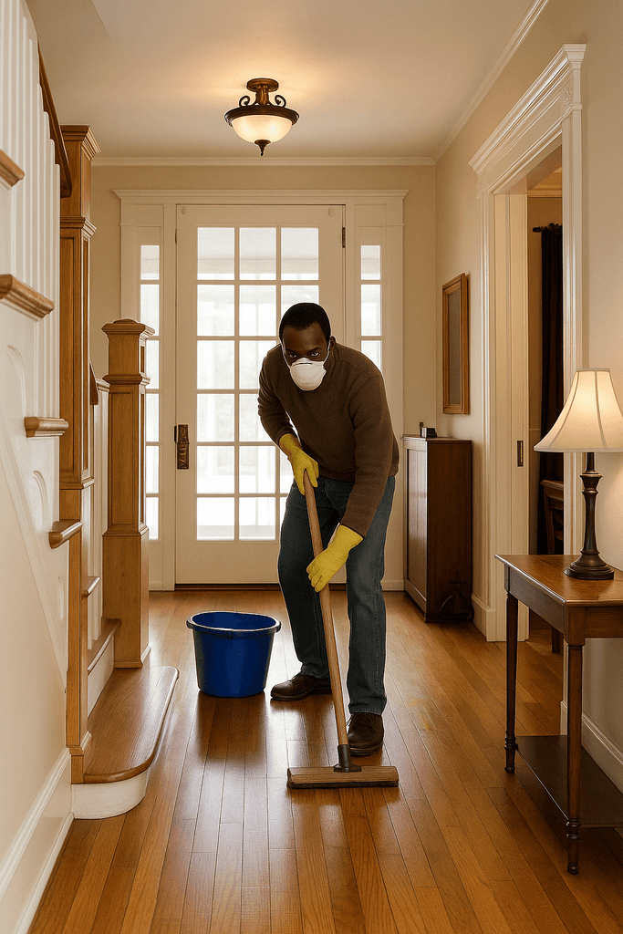 a man standing in a kitchen holding a broom