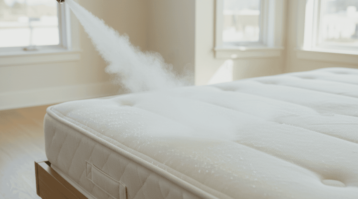Application d’un traitement cryogénique sur un matelas, visant à éradiquer les punaises de lit à l’aide de CO₂ projeté à très basse température, sans recours à des insecticides