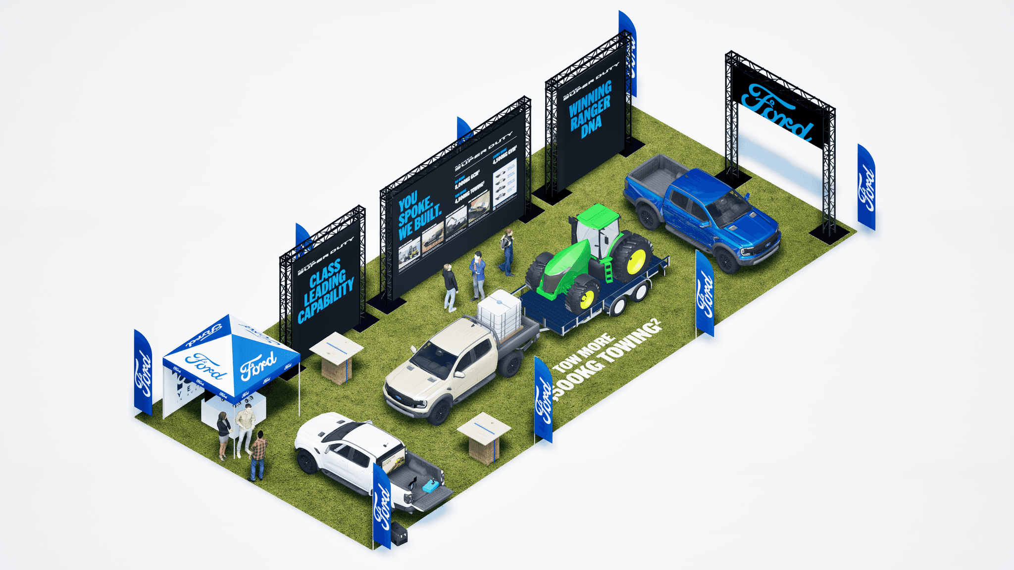 Automotive exhibition layout for Ford with multiple vehicles, display zones and large digital screens