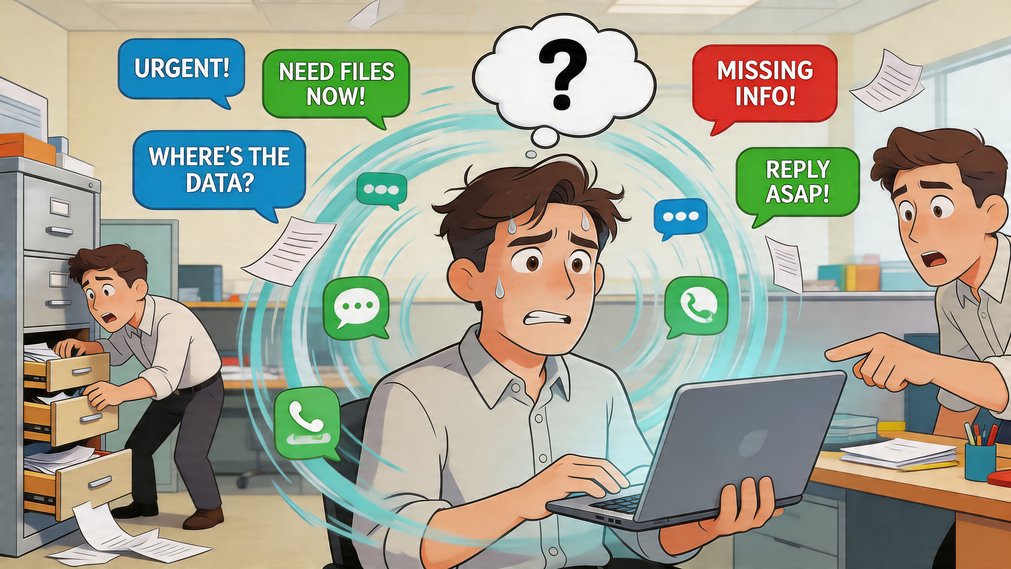 A stressed office worker multitasking with digital notifications while colleagues urgently search for files and data.