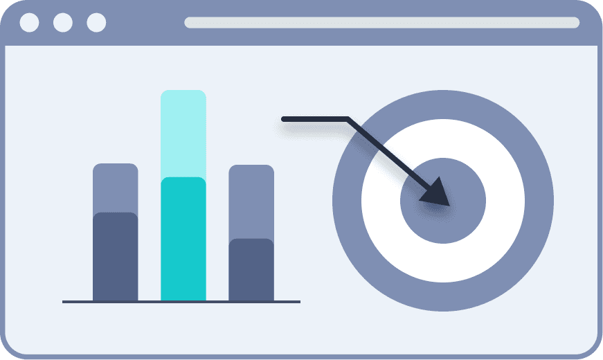 A digital illustration of a web browser window displaying a bar chart and a target with an arrow to the center, set against a blue grid-patterned background, symbolizing data analytics and web performance insights.