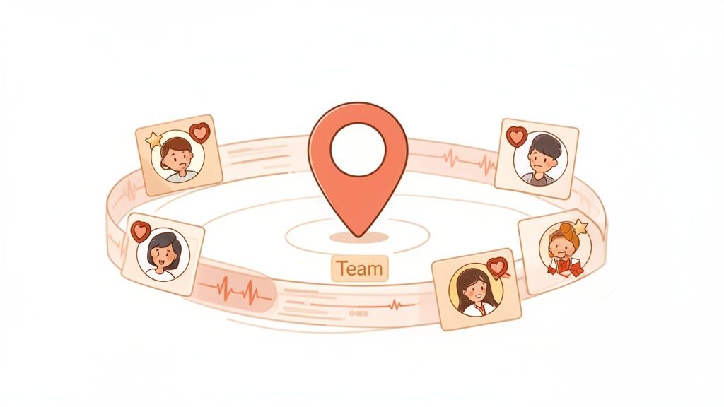 A central team location pin surrounded by diverse user profiles with heart icons on an ECG-like ring.