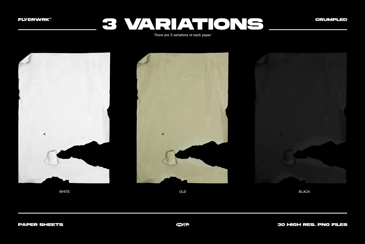Crumpled paper sheets showing three distinctive color variations in white old vintage and rich black