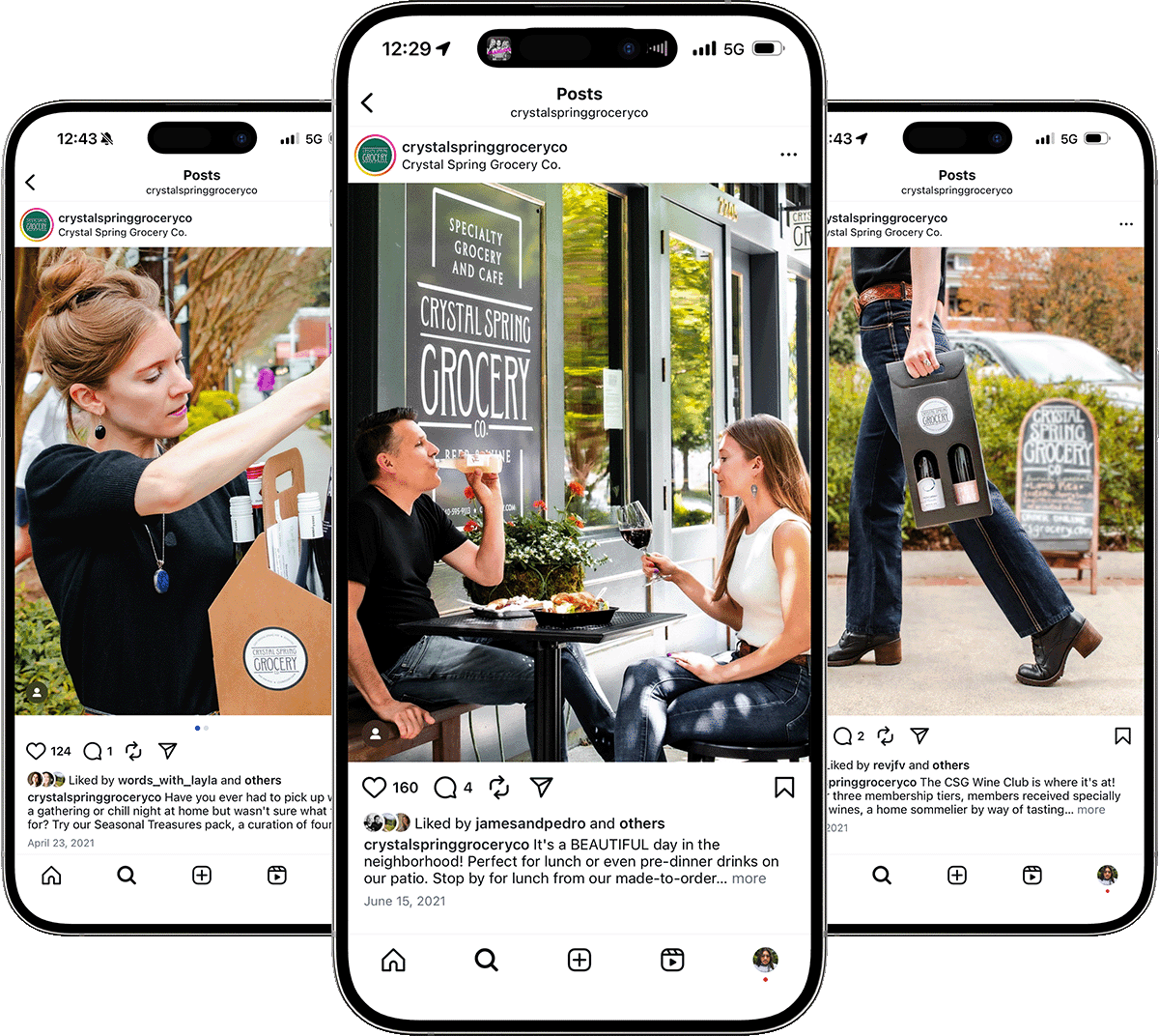 Three iphones showing sample posts for Crystal Spring Grocery's instagram feed in Roanoke, VA