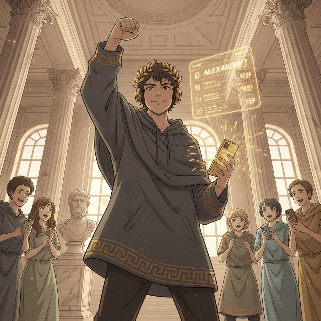 Engineering student celebrating rank one in an Aistote tournament with golden XP sparks