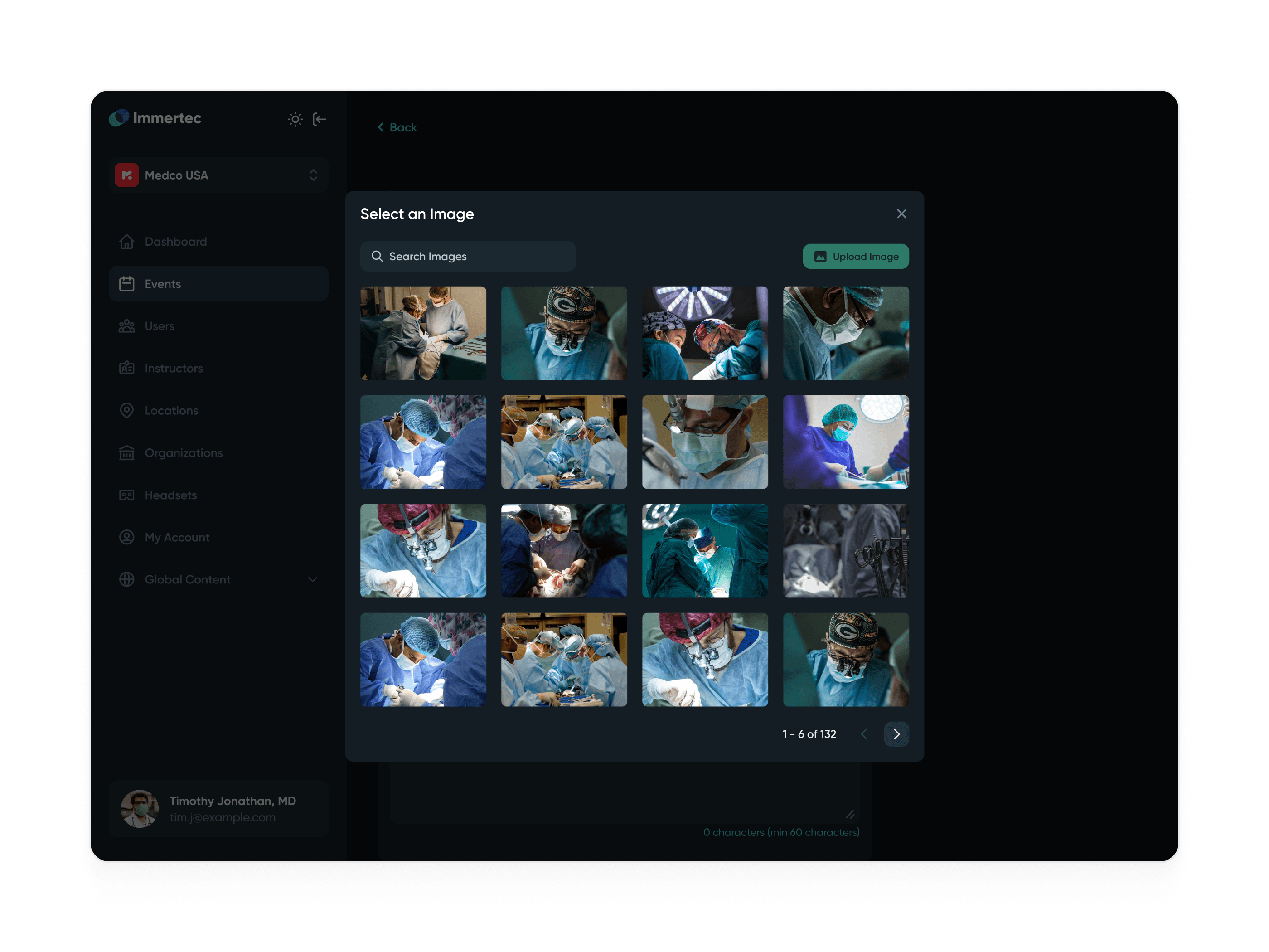 Dashboard showing image selection for events, with various surgical images displayed.