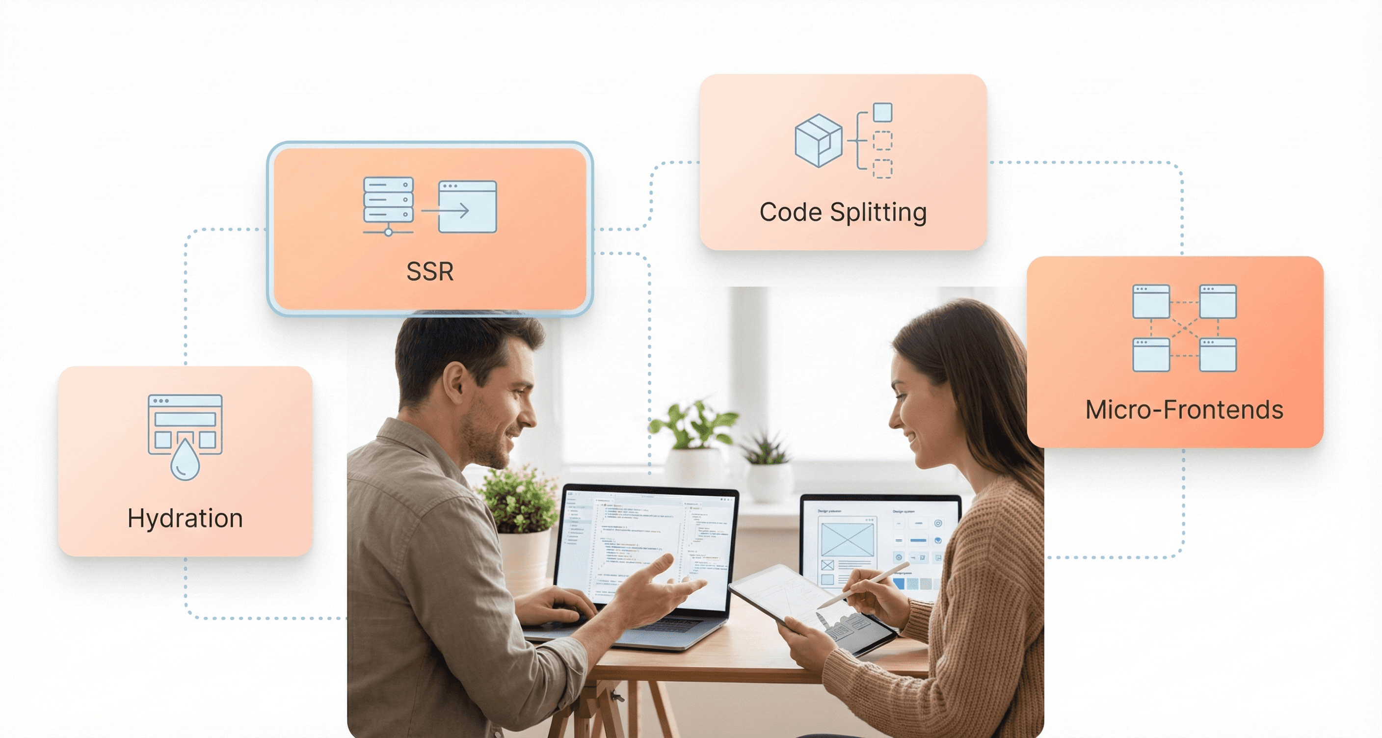 Modern frontend architecture illustration with floating UI cards labeled SSR, hydration, code splitting, and micro-frontends, emphasizing that front-end development is advanced performance-focused engineering.