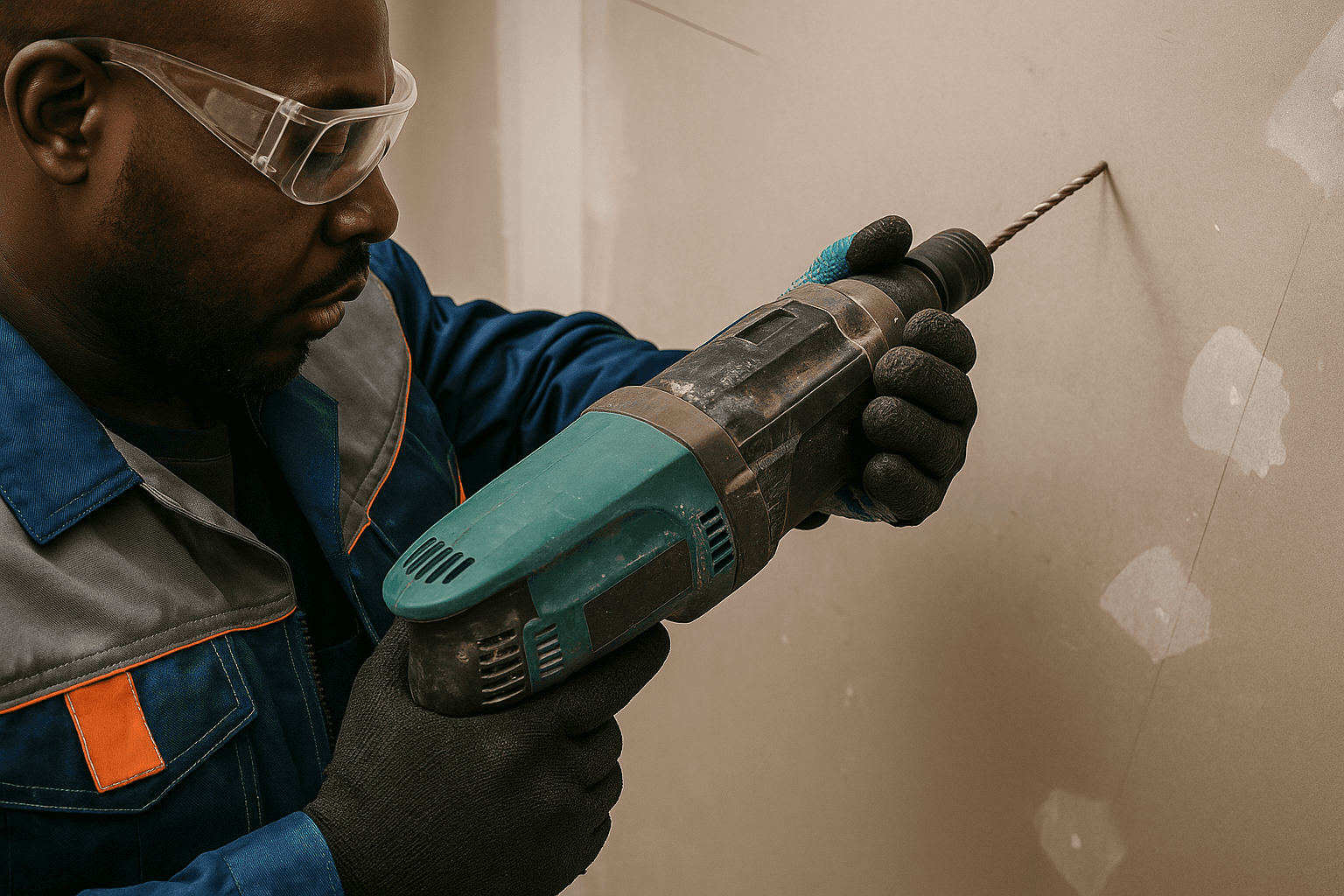 Une personne portant des lunettes de sécurité et des gants utilise une perceuse électrique verte sur un mur. Le décor est industriel, ce qui suggère concentration et précision.