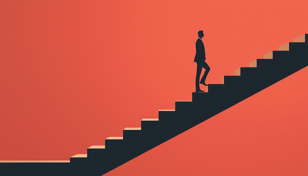 Business professional climbing a staircase symbolizing growth, strategic AI consulting services, and business automation services for success.