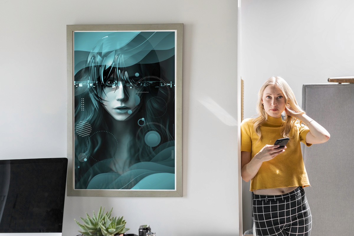 A woman stood next to teal artwork