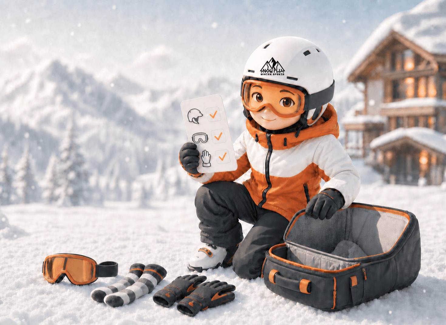 SnowPlus 滑雪裝備清單封面，SnowPlus 3D 可愛角色跪坐在雪地上，一手舉起畫有安全帽、雪鏡、手套圖示且已打勾的清單卡，另一手扶著打開的裝備袋，雪地上擺著雪鏡、雪襪與手套。