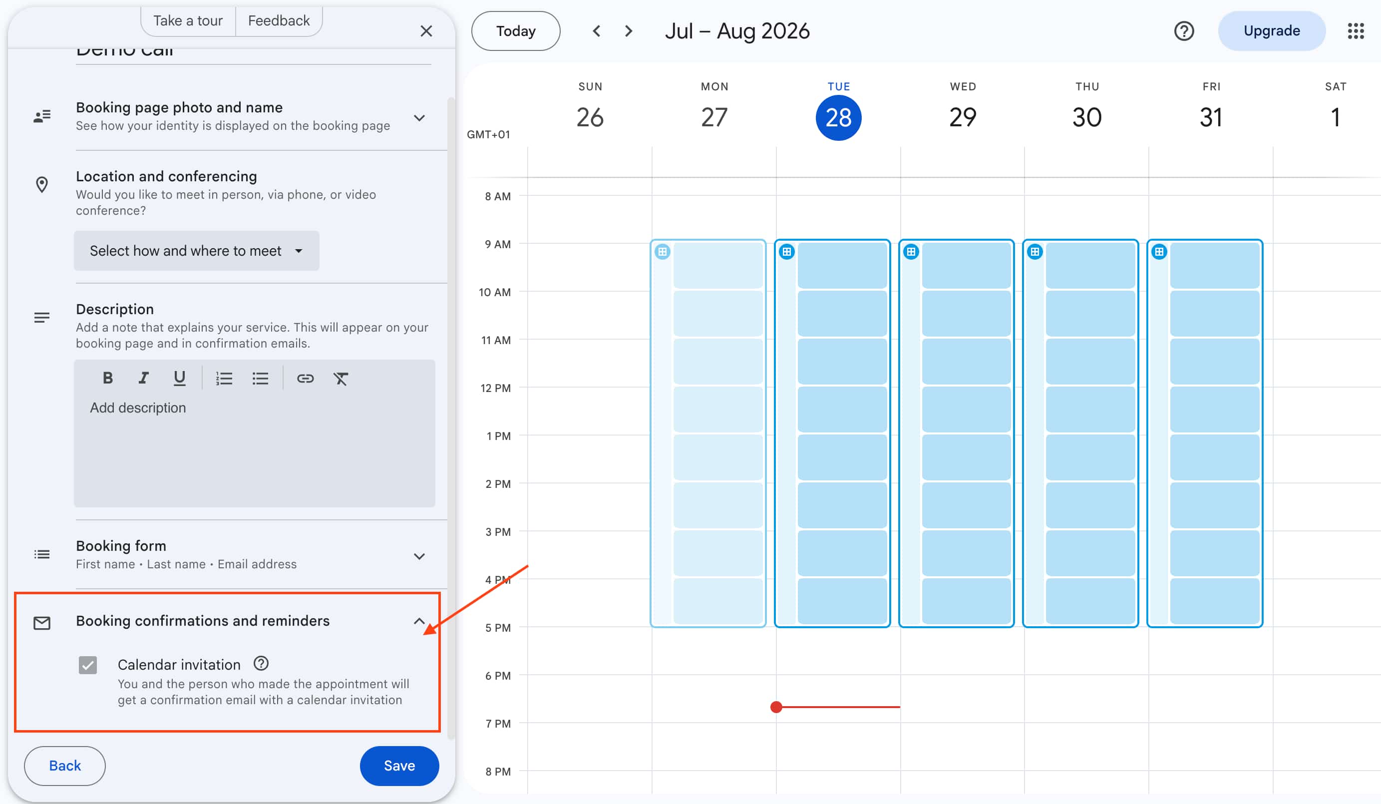 google appointment reminder settings page showing automated email and notification options