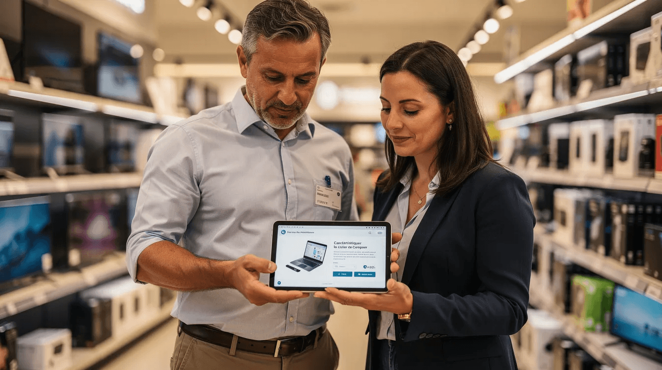 Un formateur et un apprenant consultent ensemble une tablette dans un magasin, illustrant une approche pratique de la formation sur le terrain. Cette interaction met en avant l'importance de l'apprentissage collaboratif et des compétences nécessaires dans leur métier.