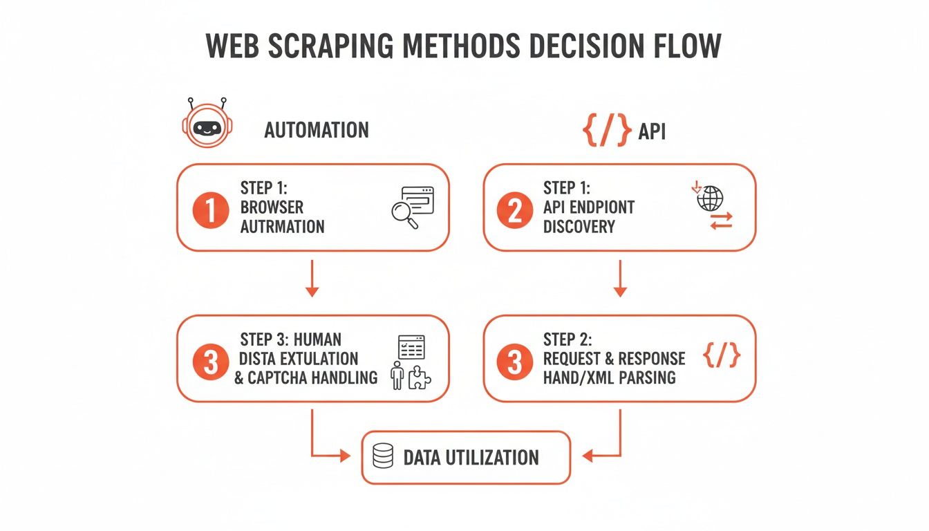 A web scraping methods decision flow diagram illustrating automation and API approaches for data extraction.