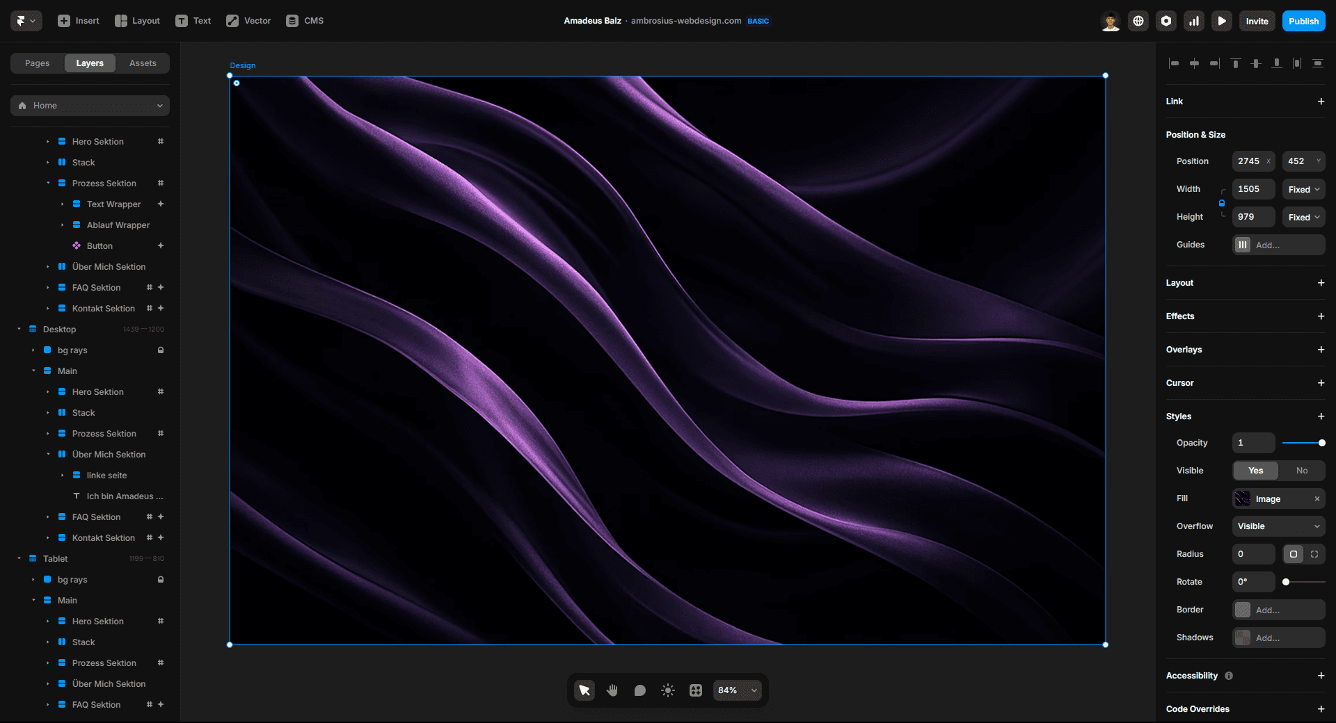 Framer Webdesign Editor mit violettem abstraktem Hintergrundbild