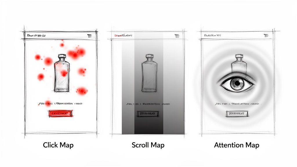 Three UX/UI analysis maps illustrating click, scroll, and attention patterns on a mobile interface.