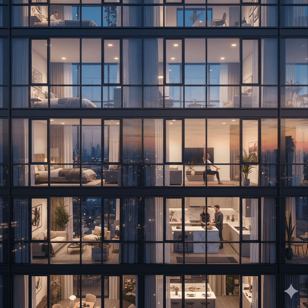 Exterior of a modern multi-story residential building at dusk, symbolizing the real estate assets where property owners are stalled on decarbonization.