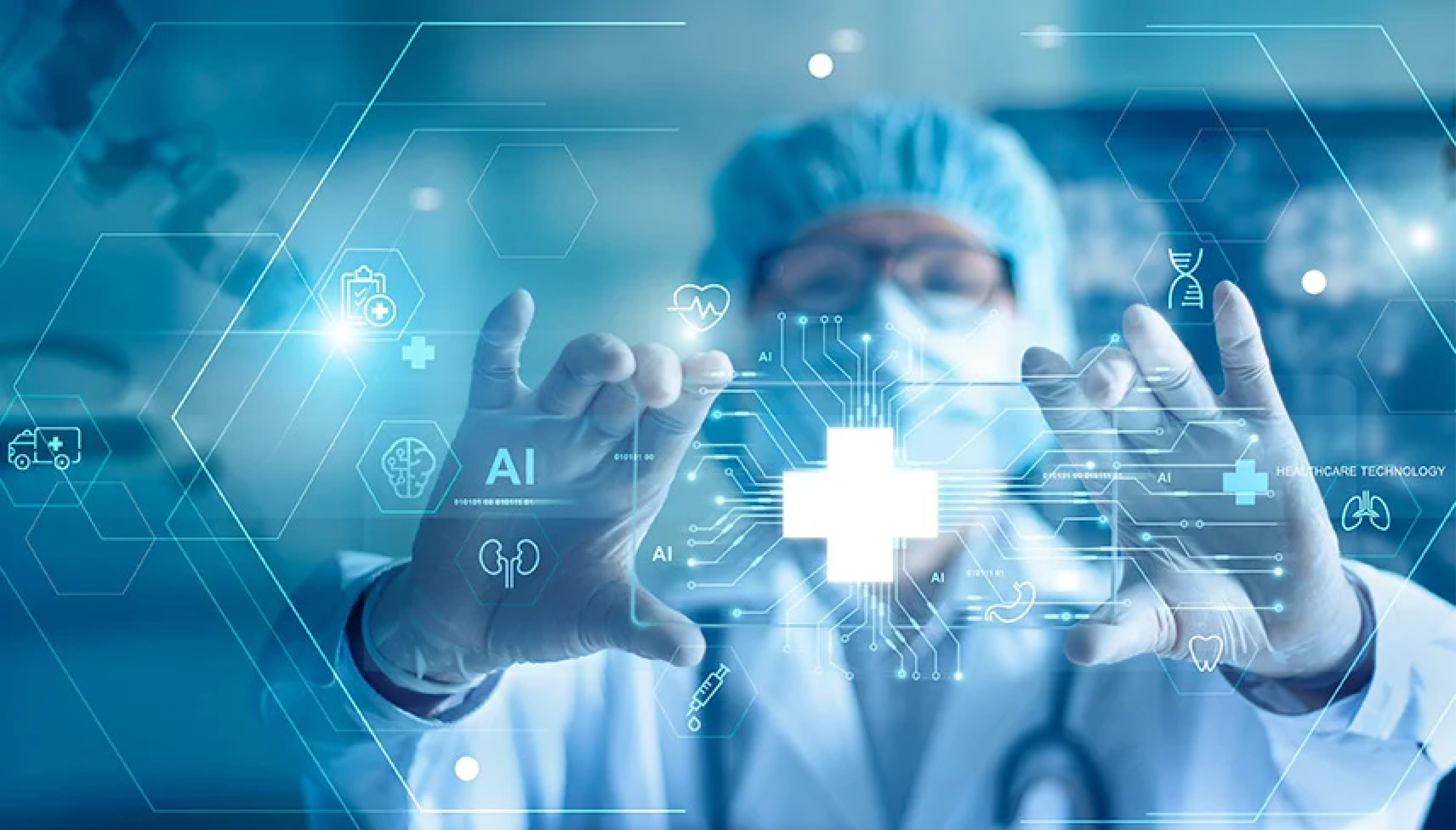 Doctor exploring advanced AI-powered healthcare technology in a futuristic setup