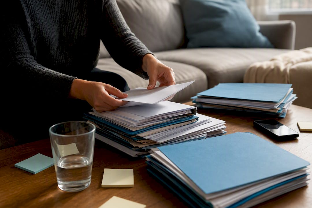 Hands sorting caregiver applications at desk