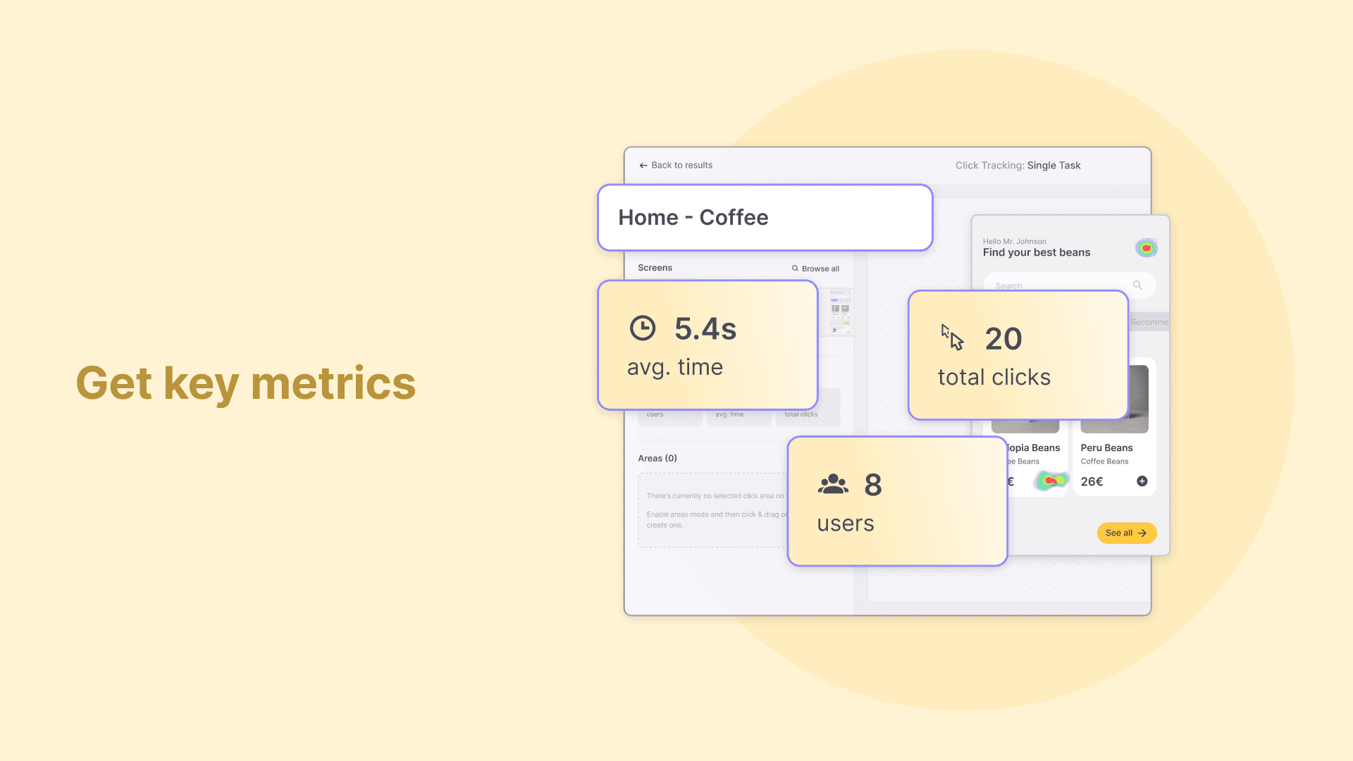 Click tracking metrics such as user count, average screen duration, and total clicks per screen.