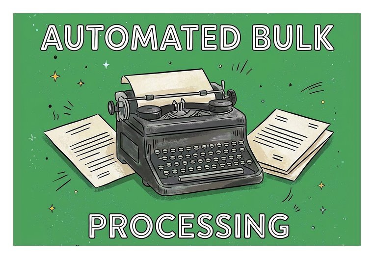 Graphic with bold text reading "Automated Bulk Processing" in white on a green background, featuring a vintage typewriter illustration flanked by document pages.