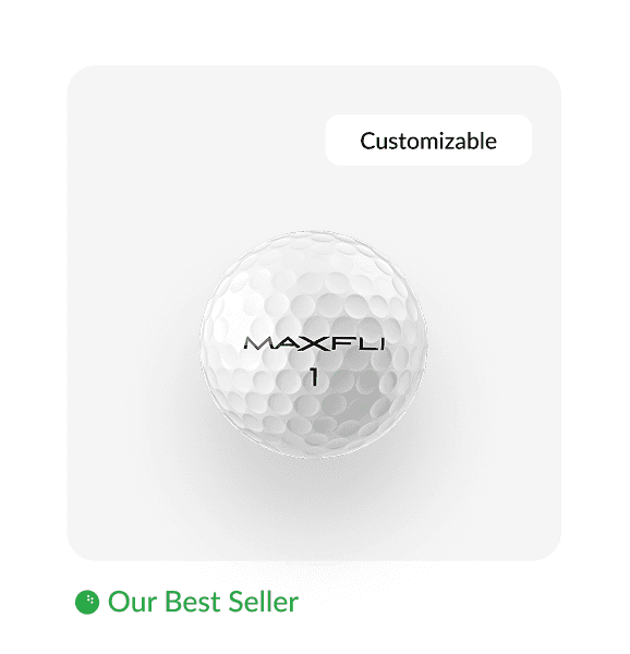 "Maxfli golf ball product card showcasing the best-selling white and red Maxfli 1 golf ball, available by the dozen with starting price details."