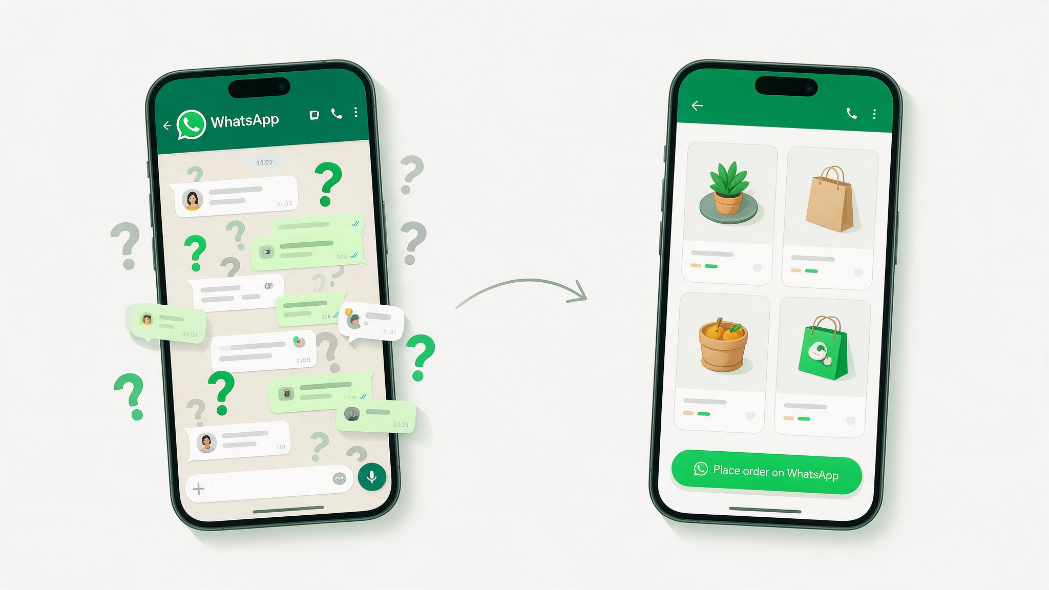 Illustration of a phone with a cluttered WhatsApp chat turning into a clean online store with a "Place order on WhatsApp" button.