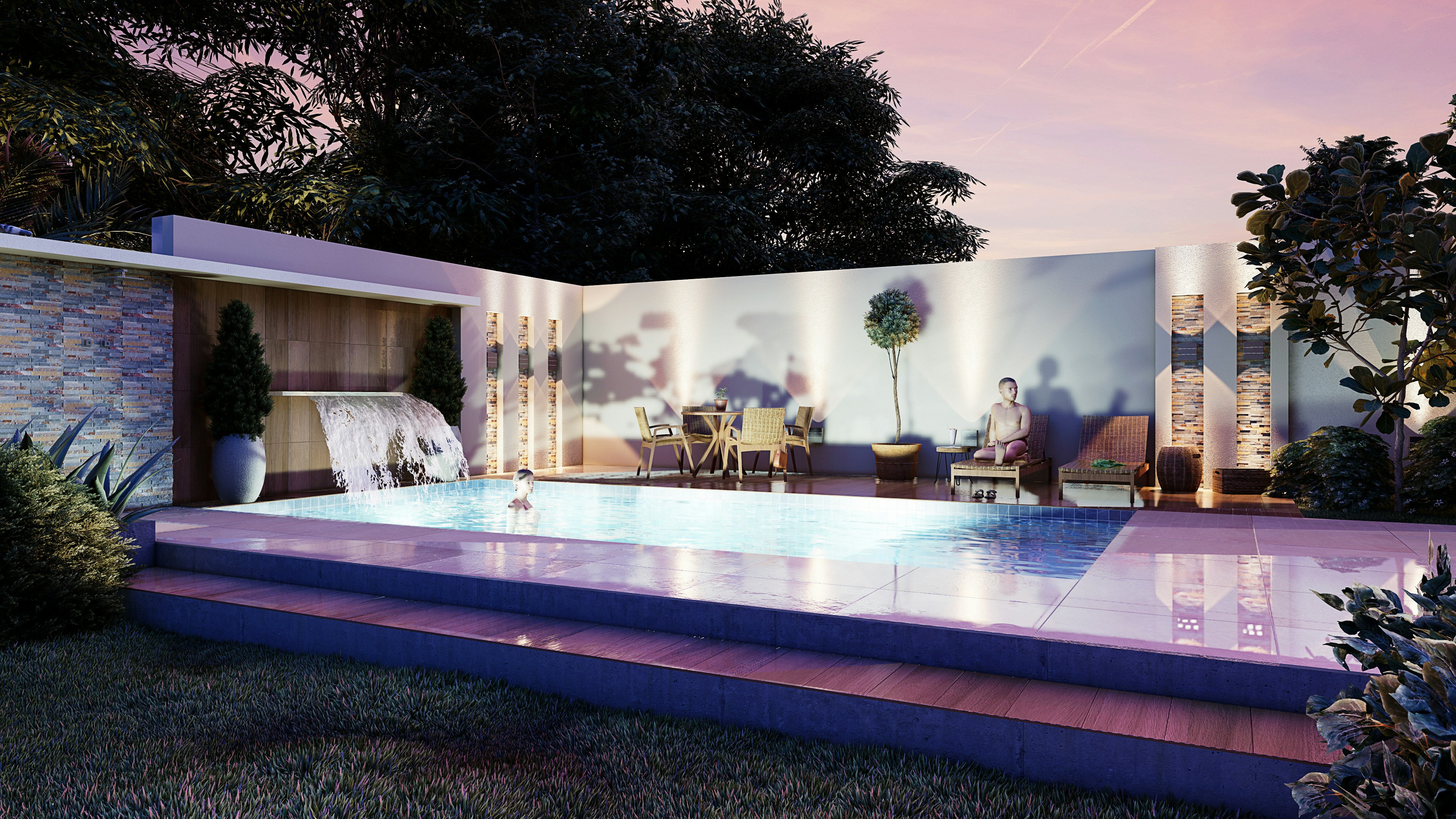 Lumion evening render of a pool courtyard with outdoor seating, wall lights, greenery, and reflective water