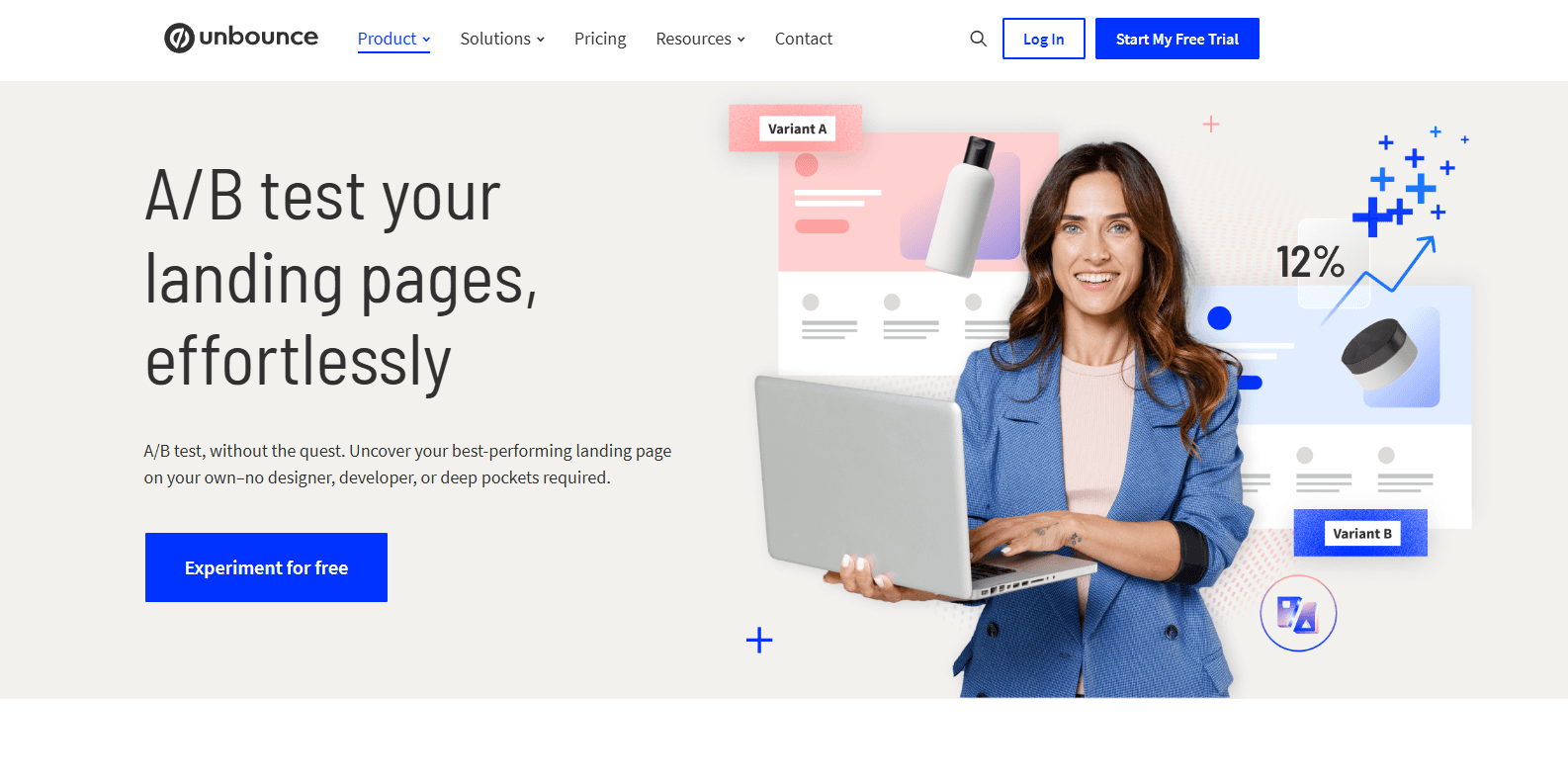 Unbounce's landing page for A/B testing, important for tracking and analyzing A/B testing metrics.
