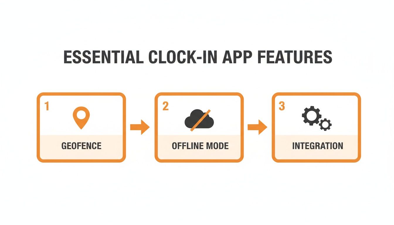 Diagram illustrating three essential clock-in app features: geofence, offline mode, and integration.