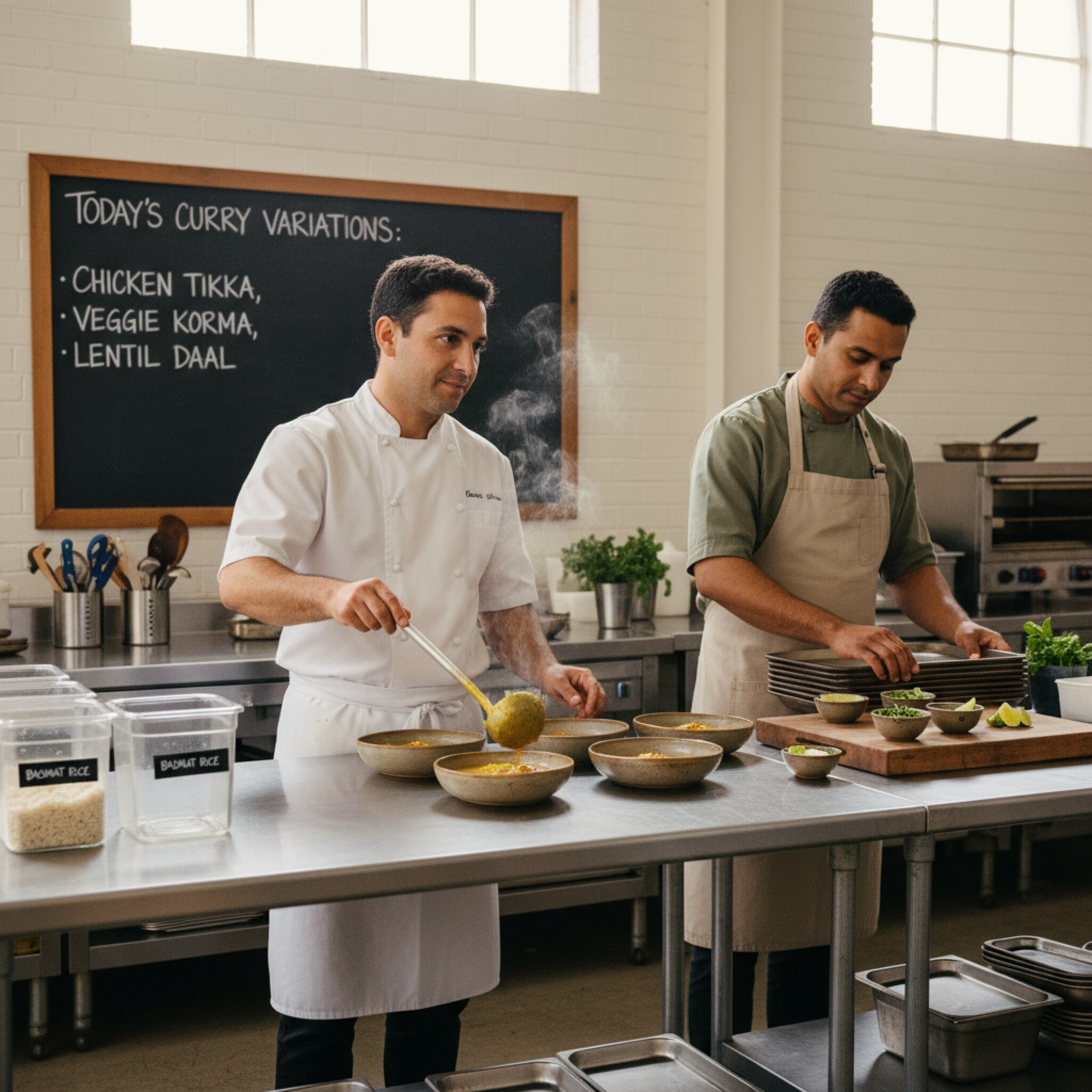 In einer hellen Produktionsküche füllt eine Köchin dampfendes Curry in Schalen, daneben stehen etikettierte Behälter für Reis und Gemüse. Ein Kollege sortiert Tabletts nach Menükategorien und legt Garnituren bereit. Auf einer Tafel sind die heutigen Varianten notiert. Alles wirkt vorbereitet und strukturiert für den Mittagsandrang.