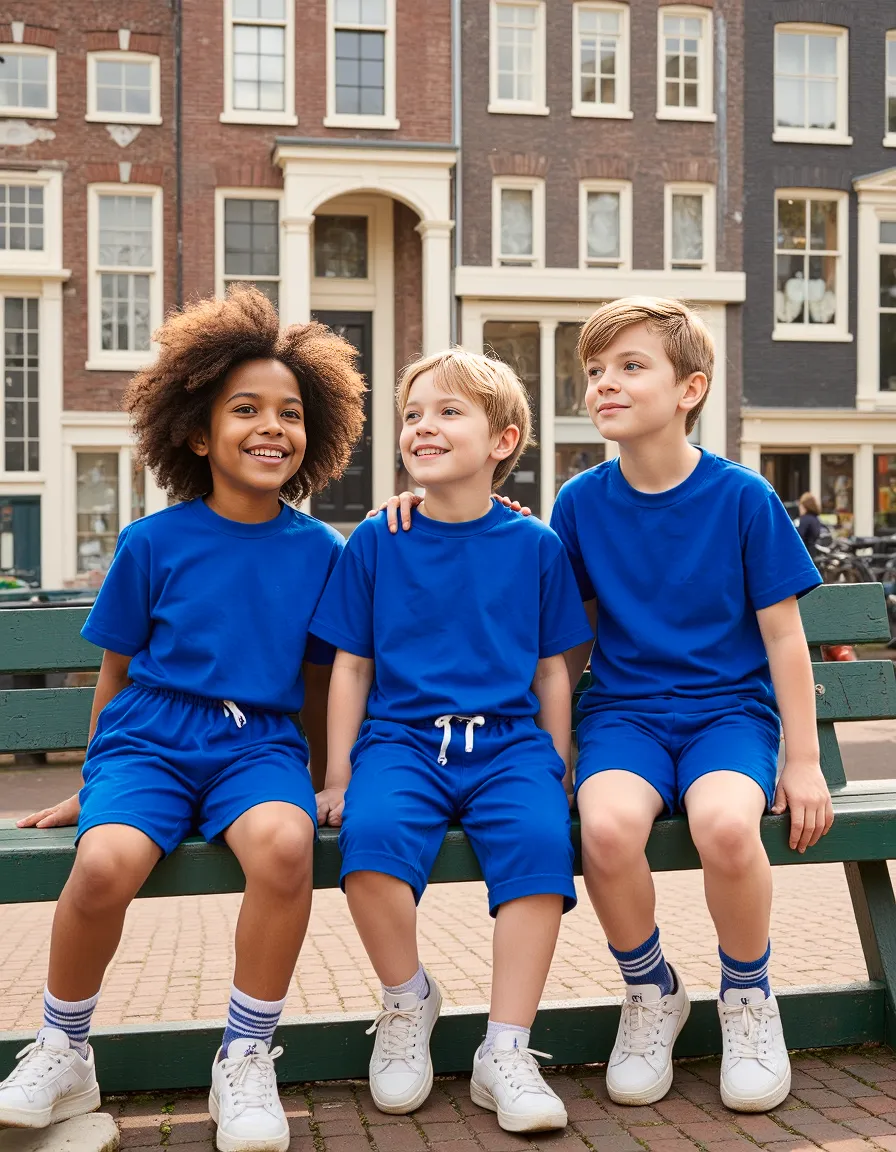 Three children in matching blue outfits sitting on a green bench against a backdrop of classic European brick buildings in a city setting
