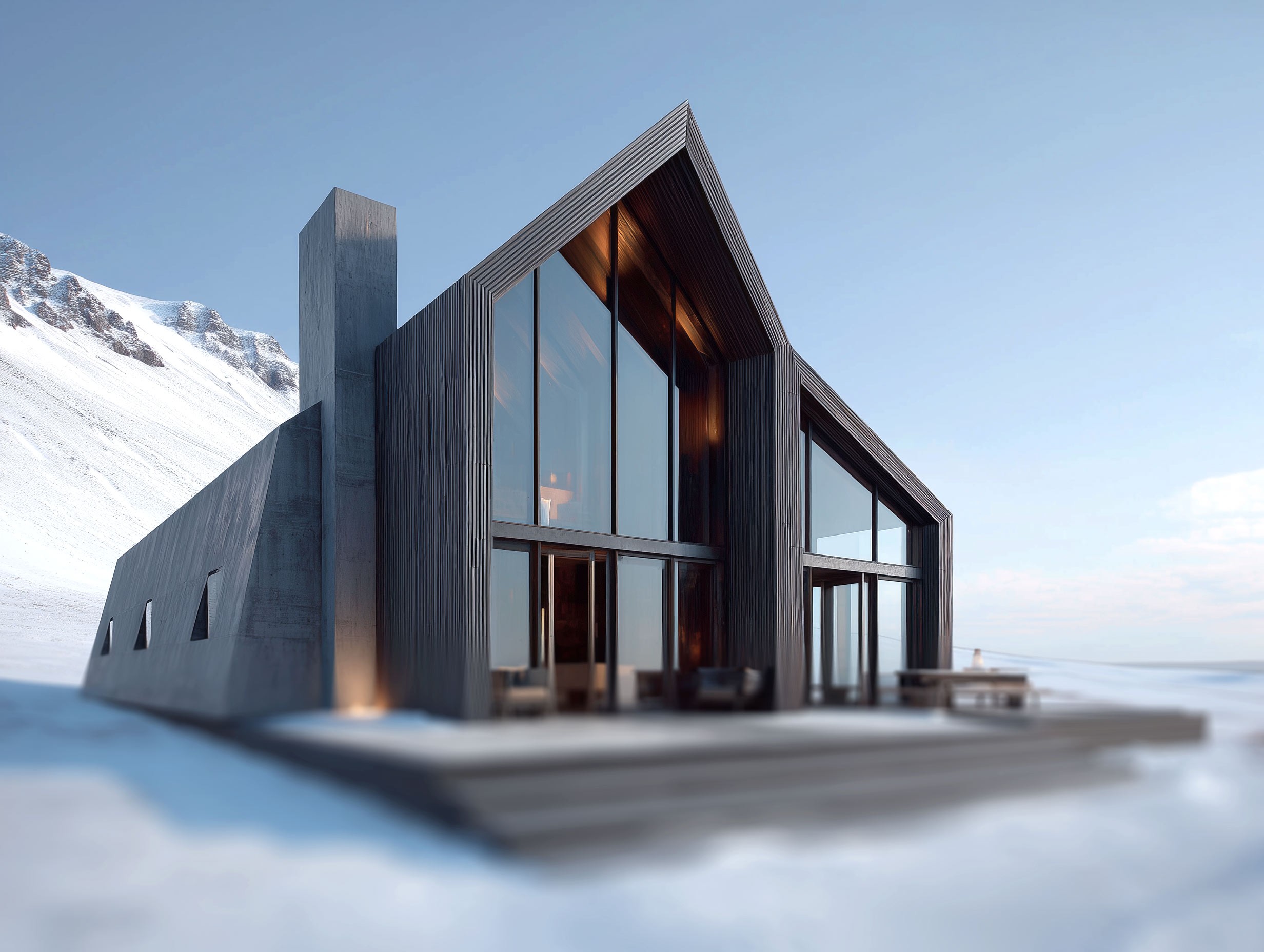 Modular wooden housing complex by the harbor, light snow falling, frozen water reflections.