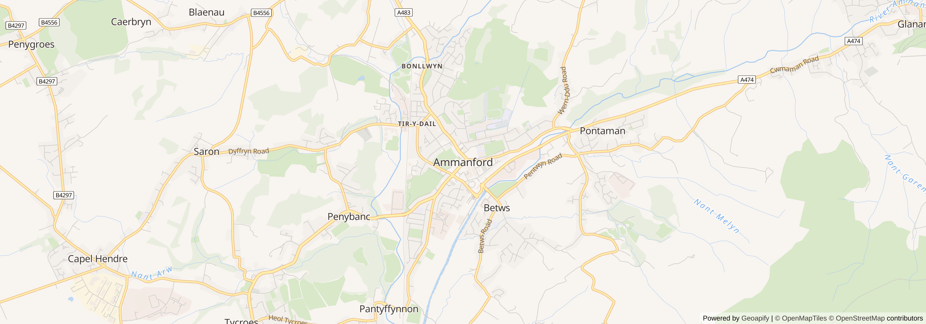 Street map of Ammanford, Carmarthenshire showing main roads and nearby areas