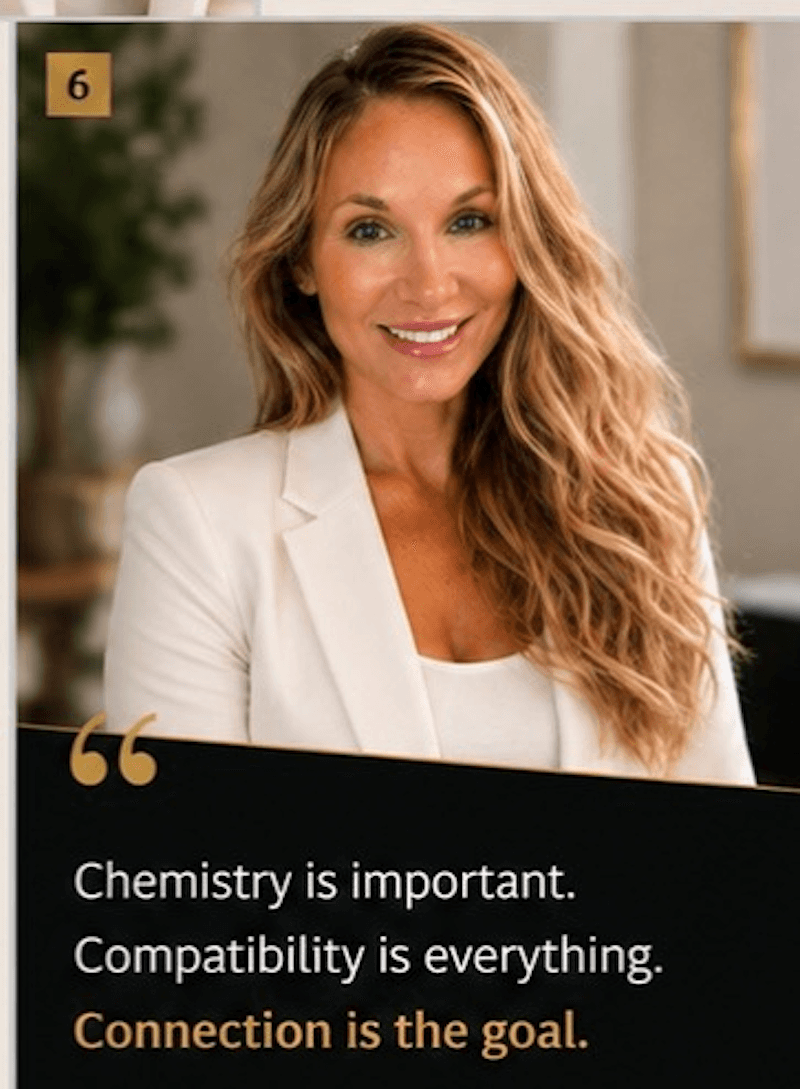 Katie Zoulek with quote about chemistry, compatibility, and meaningful connection.