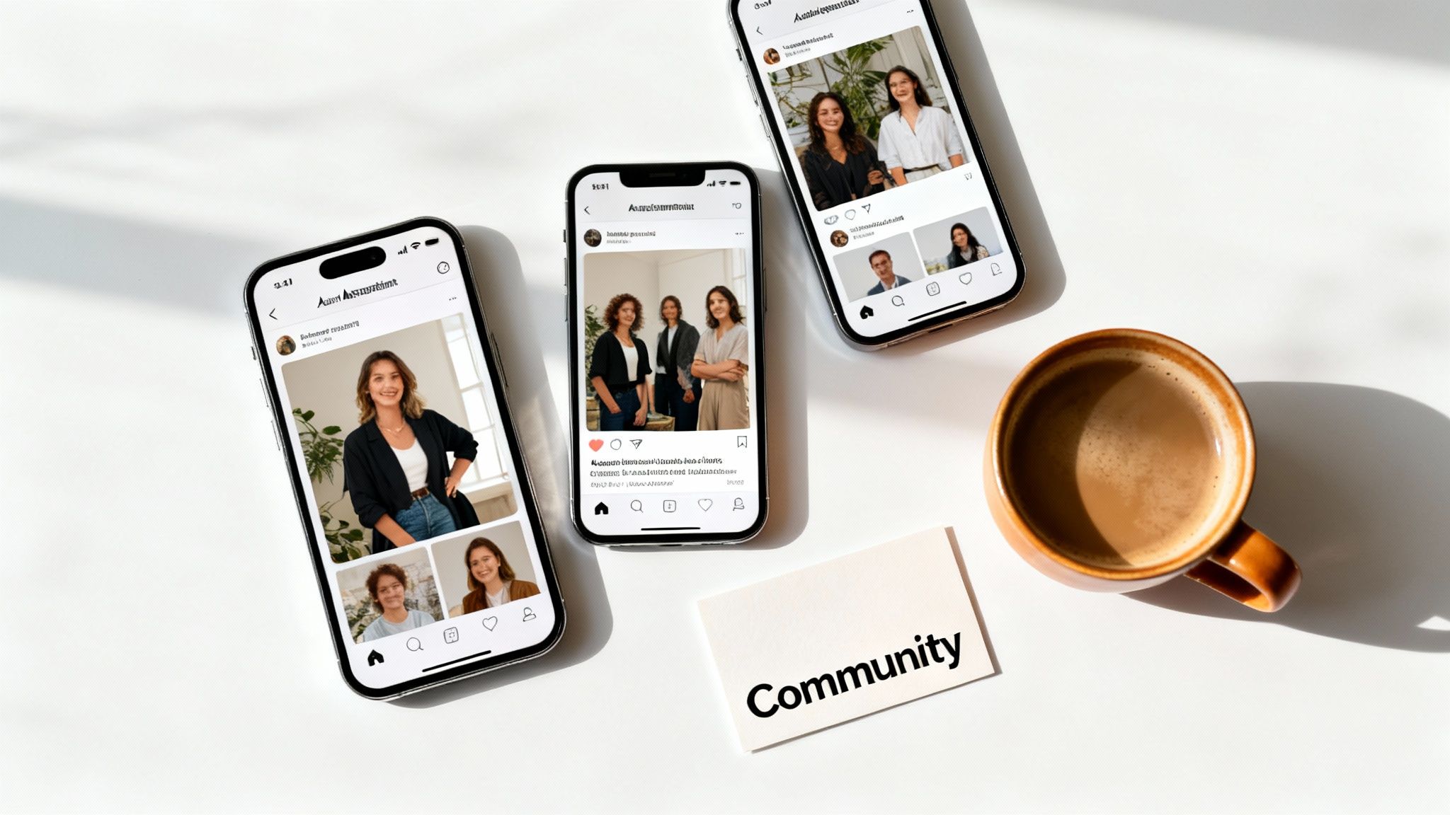 Three smartphones displaying Instagram social media content beside coffee cup and community card on white desk