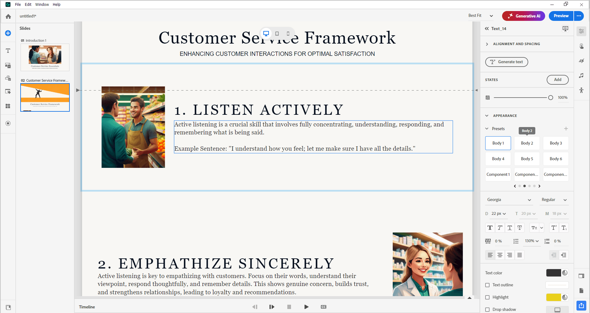Screenshot of Adobe Captivate showing the slide editor with a selected text block and the Generative AI panel for generating and formatting course text.