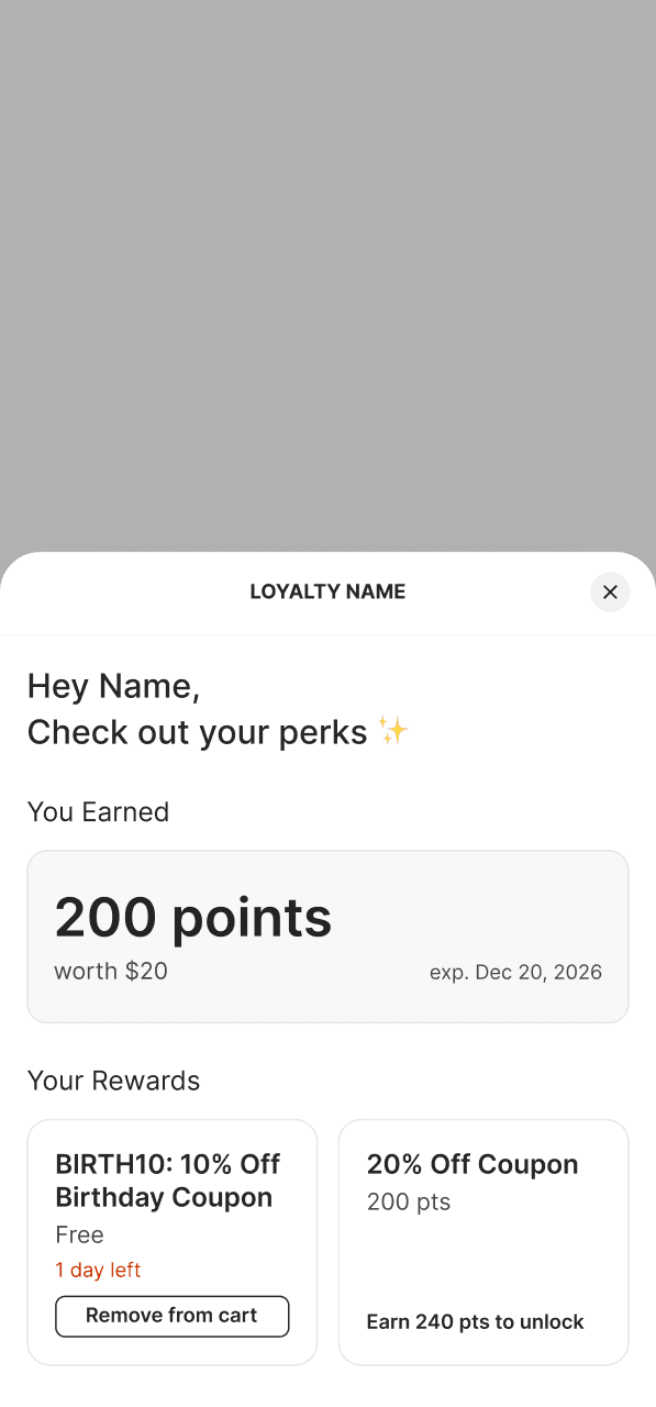 mobile UI showing the loyalty widget state when One of the coupons has been redeemed but not used