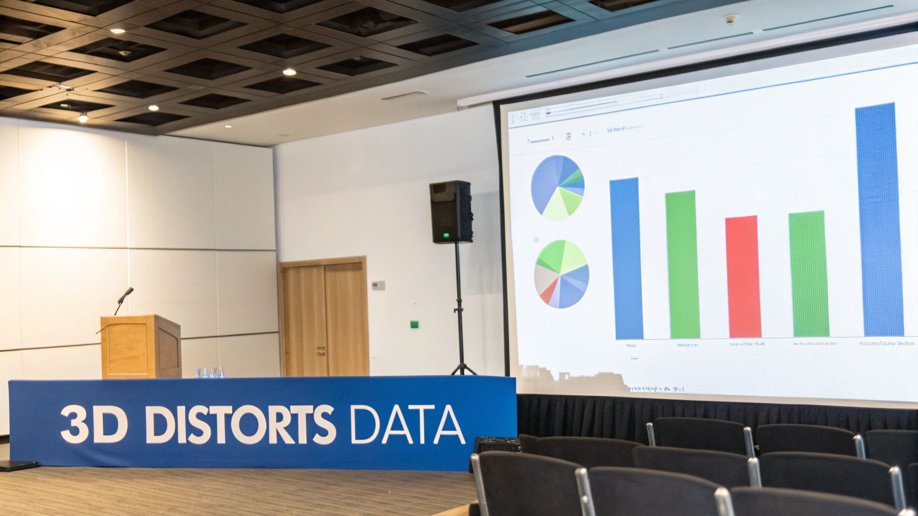 A conference room with a large screen displaying pie and bar charts, and a banner reading 