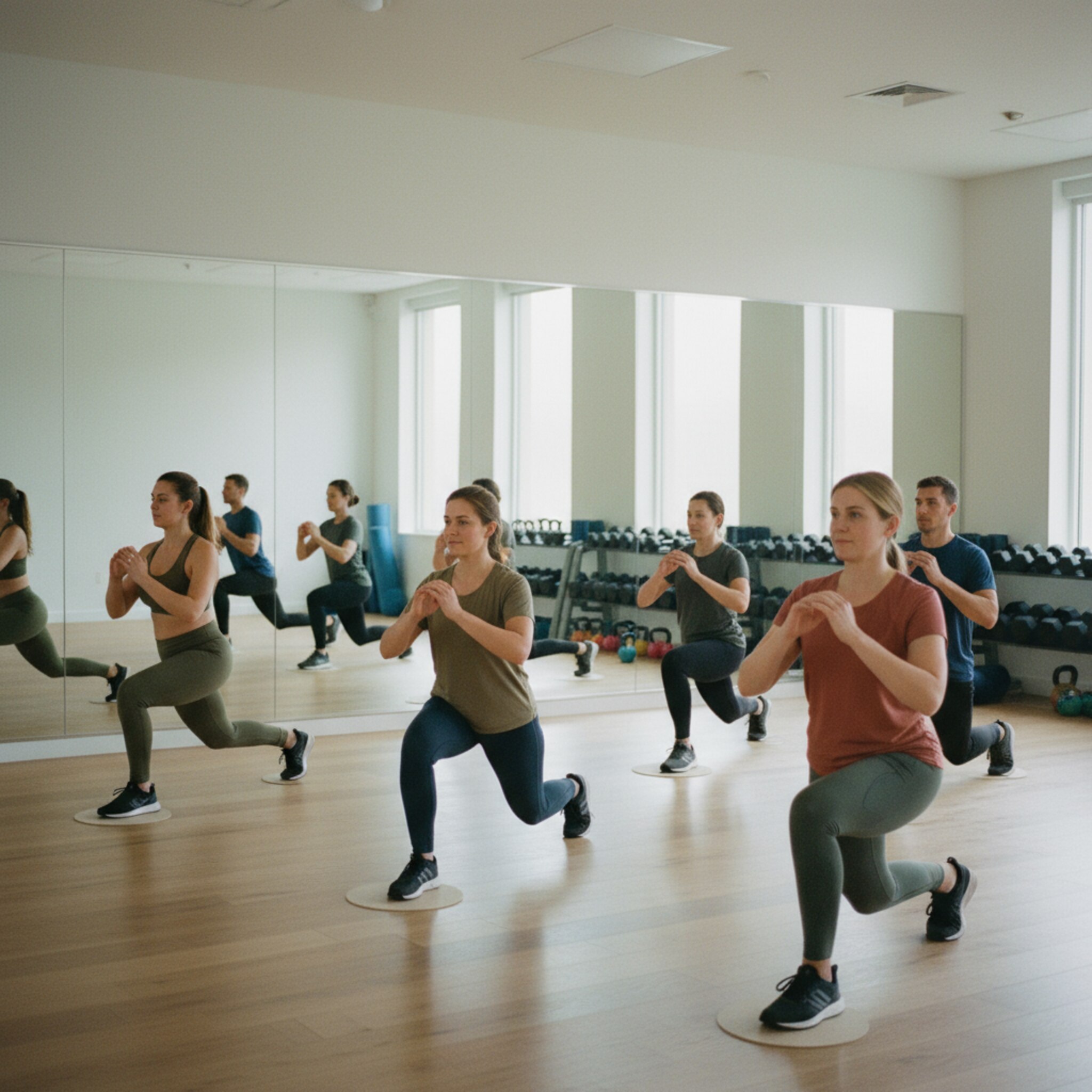 Ein Kursraum mit großen Spiegeln, in dem eine kleine Gruppe beim Aufwärmen gleichmäßige Ausfallschritte macht. Markierte Plätze auf dem Boden geben Abstände vor, Gewichte liegen geordnet am Rand. Der Moment zeigt konzentrierte Abläufe und klare Struktur vor dem eigentlichen Training.